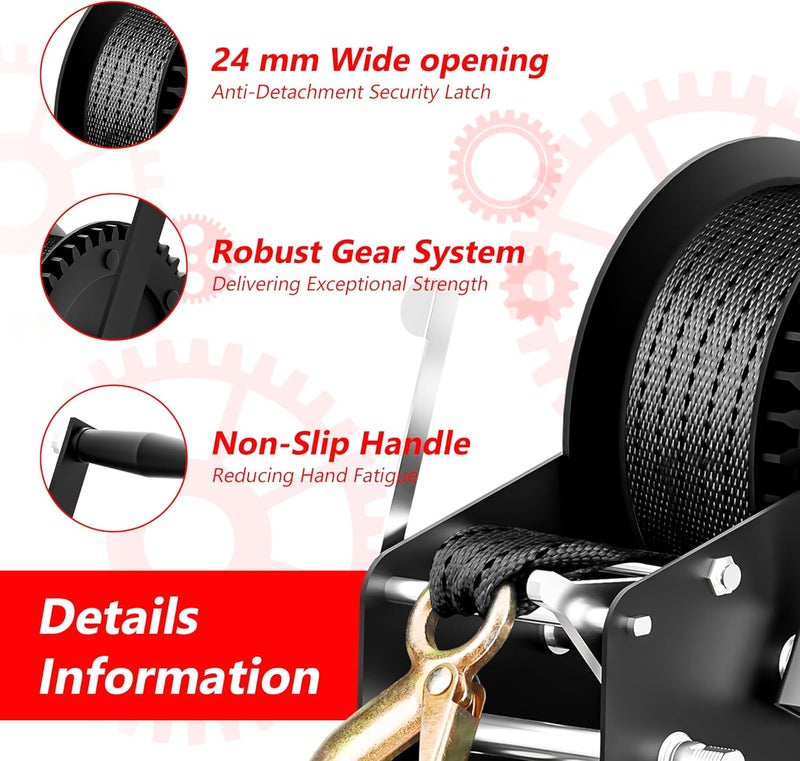 ROMON 3500lbs Boat Trailer Winch with 33 Foot Polyester Belt, 2-Way Ratchet 4:1/8:1 Gears, Portable Winch for Boats, Trucks, Trailers, Rv, ATV, Jet Skiing, Manual Crank Winch Come with 2 Gloves - Image 4
